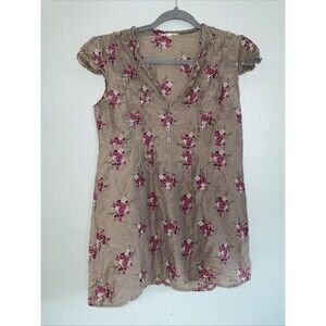 Heritage 1981 Brown Pink Floral Babydoll Silk Ruffle Blouse Cottagecore Sz Med